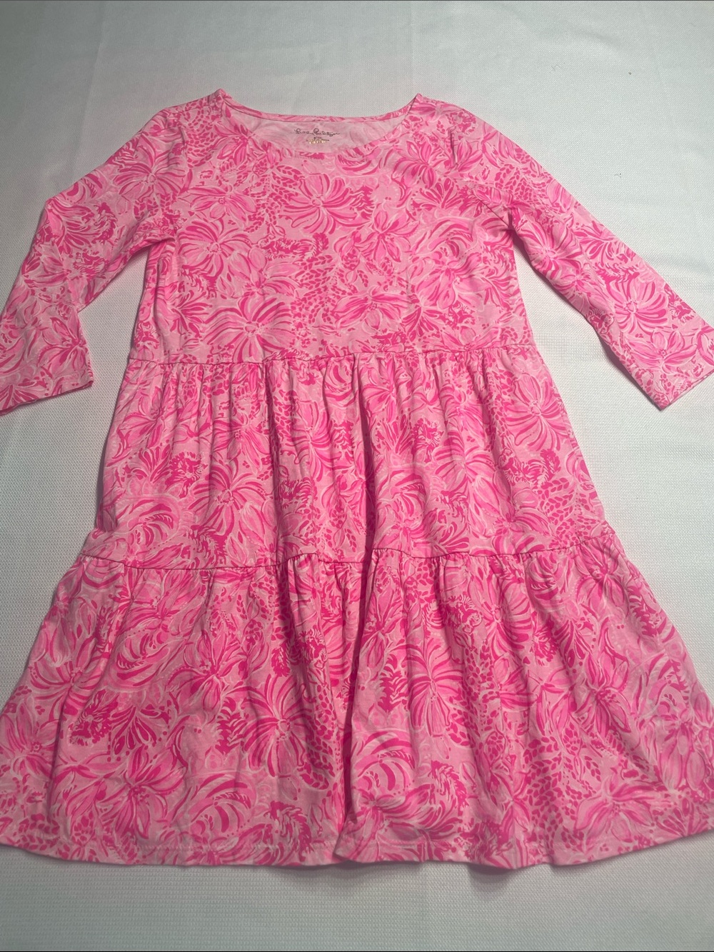 Lilly Pulitzer Girls' Pink Floral Tiered Dress. Size L (8-10). Preowned.